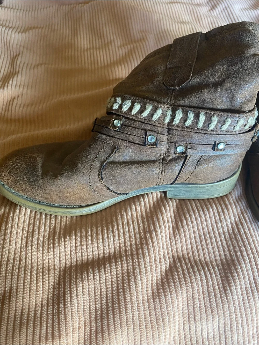 Justice Girls Brown Western Boho Slouchy Booties, Studded Straps Size 13